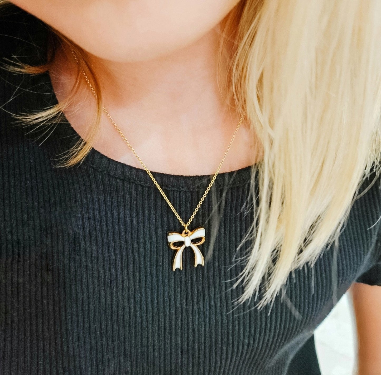 White Dainty Bow Gold Charm Necklace