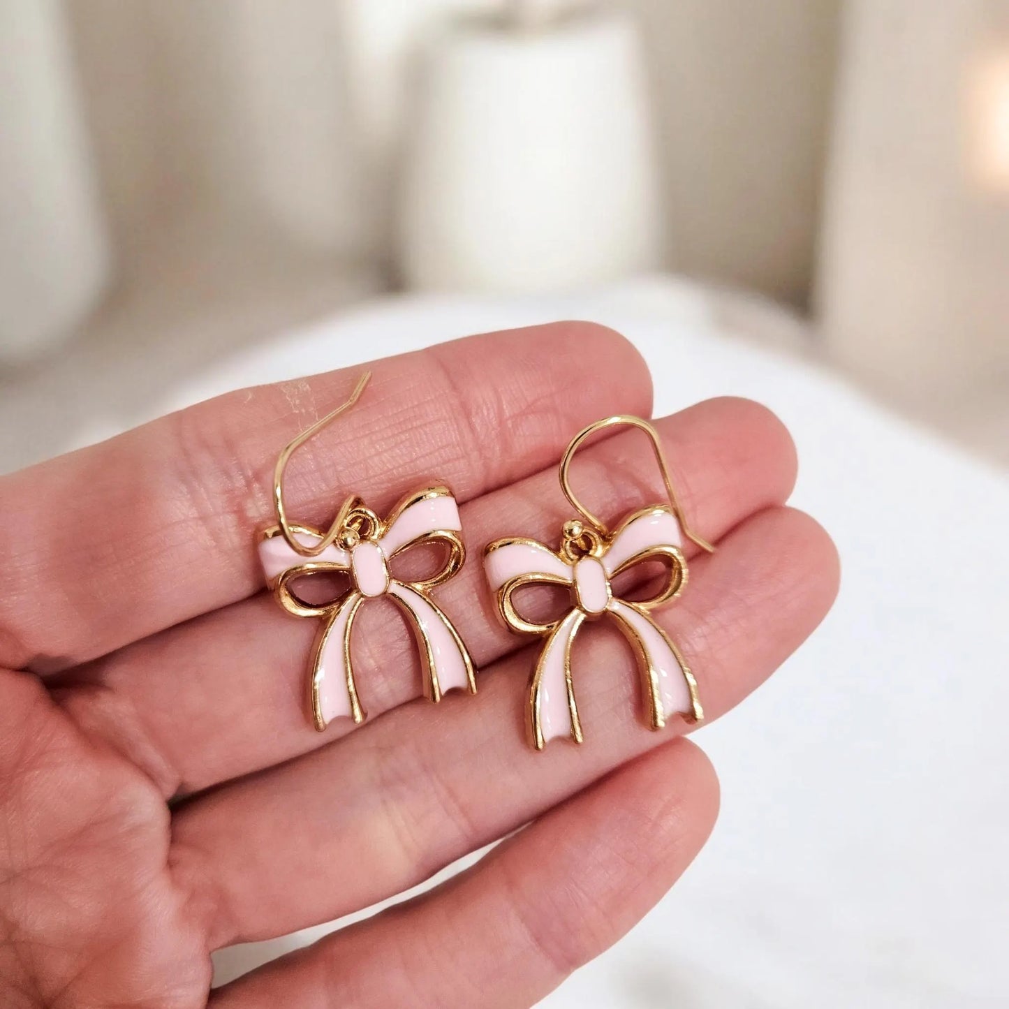 Dainty Pink and Gold Bow Earrings