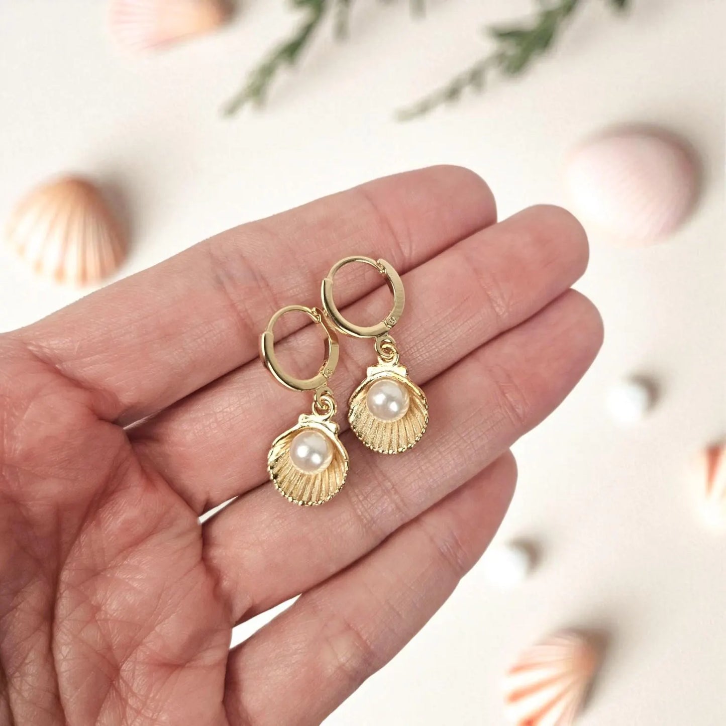 Gold Seashell Pearl Earrings