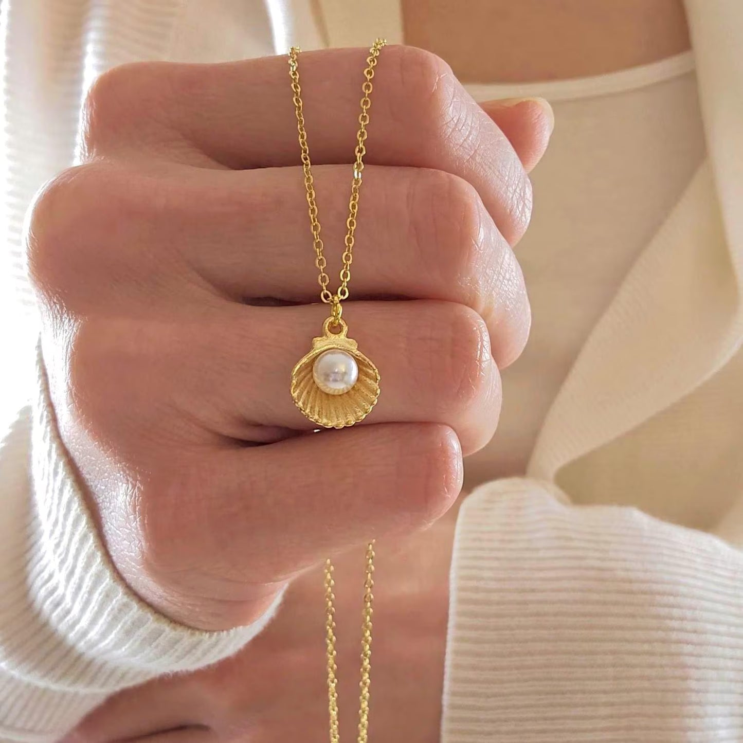 Gold Pearl Sea Shell Necklace