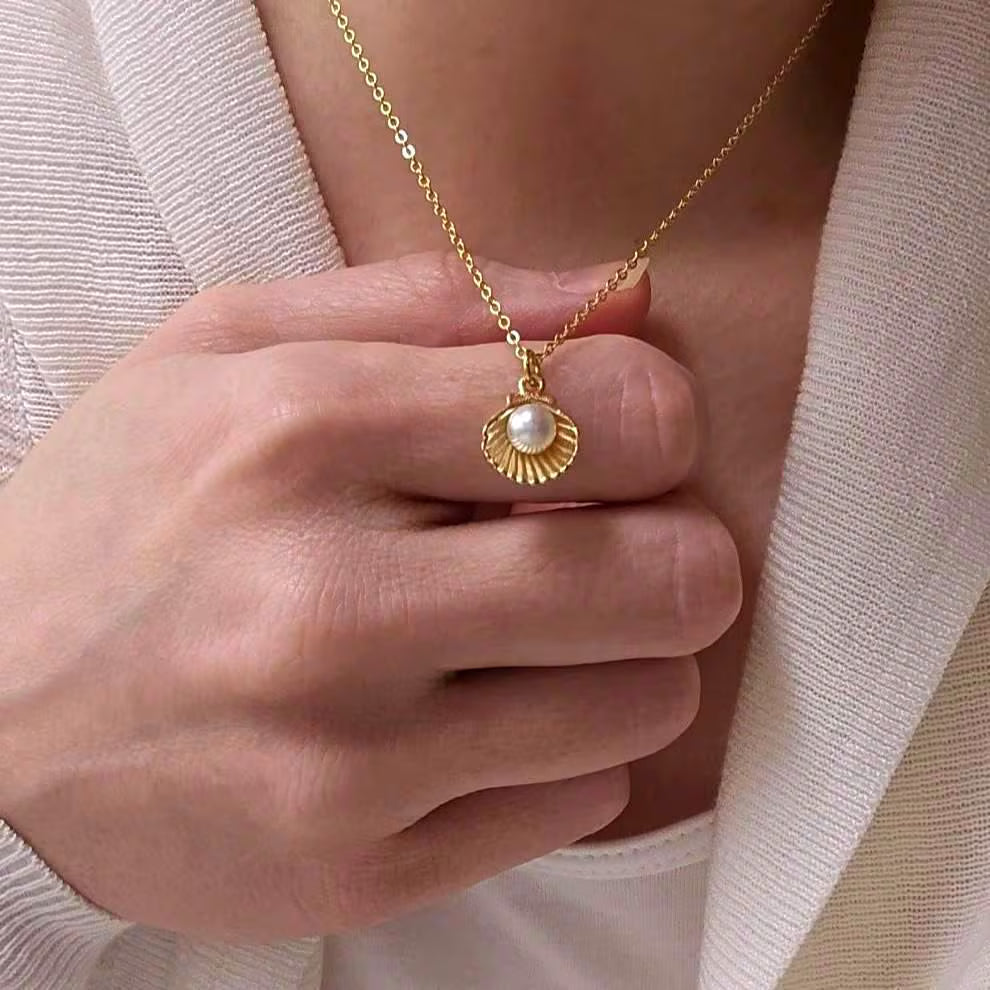 Gold Pearl Sea Shell Necklace