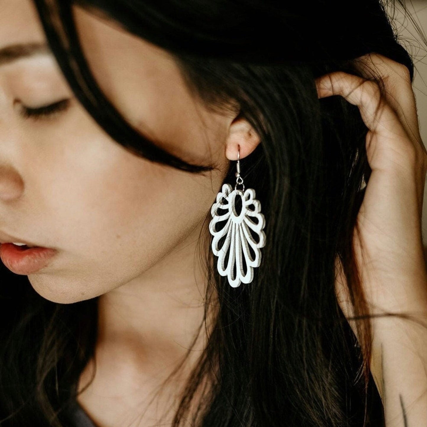 White Lightweight Carved Wood Earrings