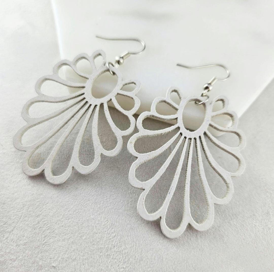 White Lightweight Carved Wood Earrings