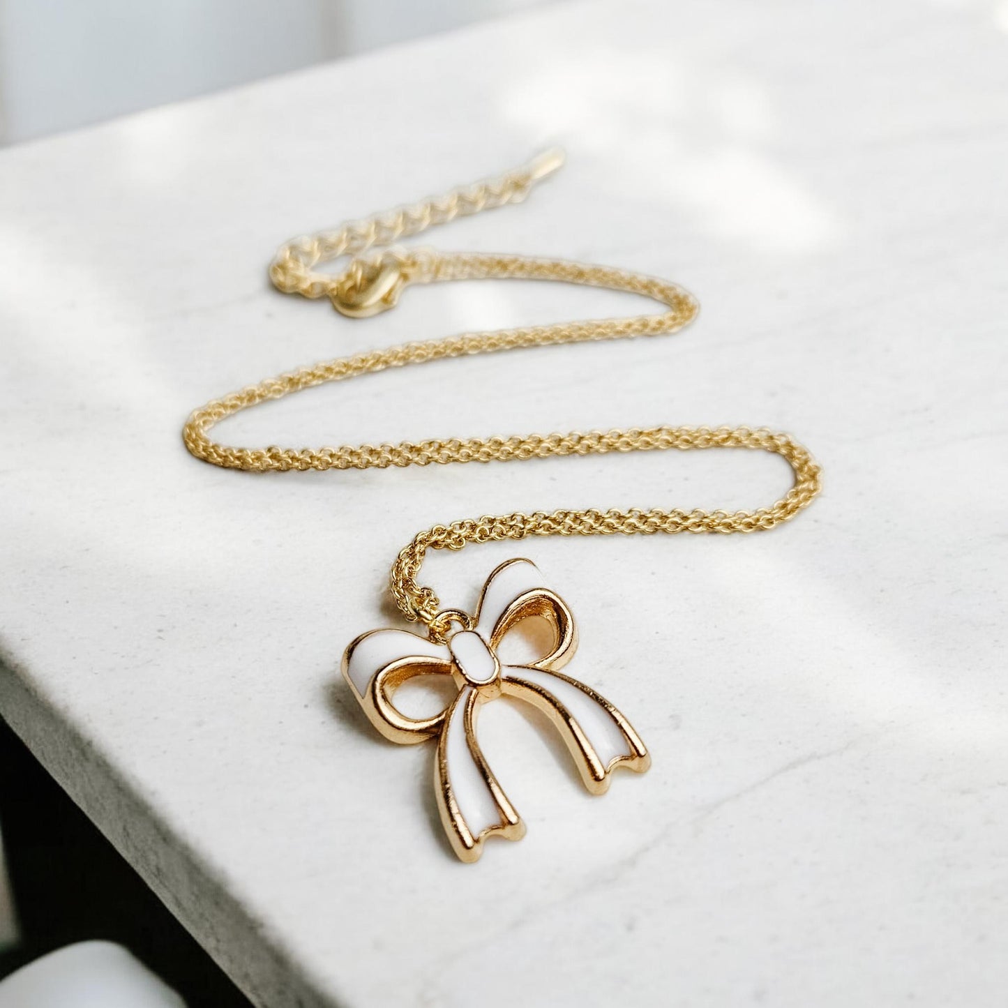 White Dainty Bow Gold Charm Necklace