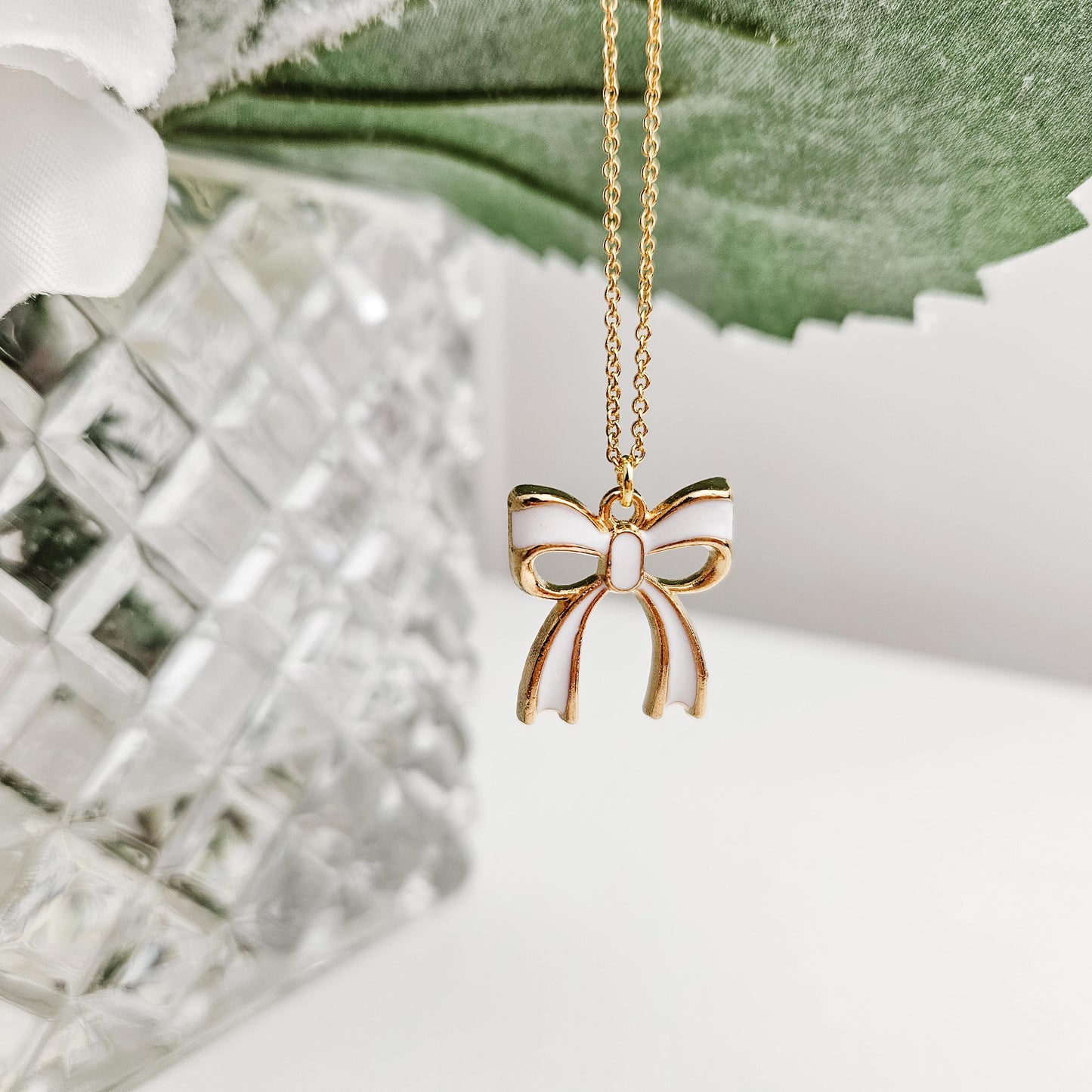 White Dainty Bow Gold Charm Necklace