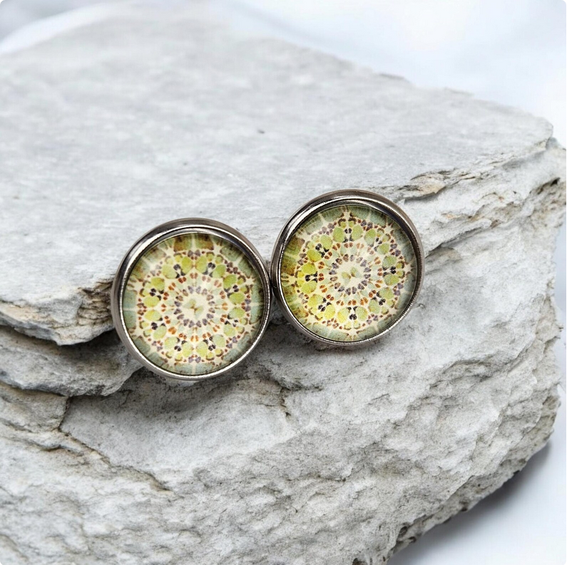 Green Mandala Mosaic Stud Earrings