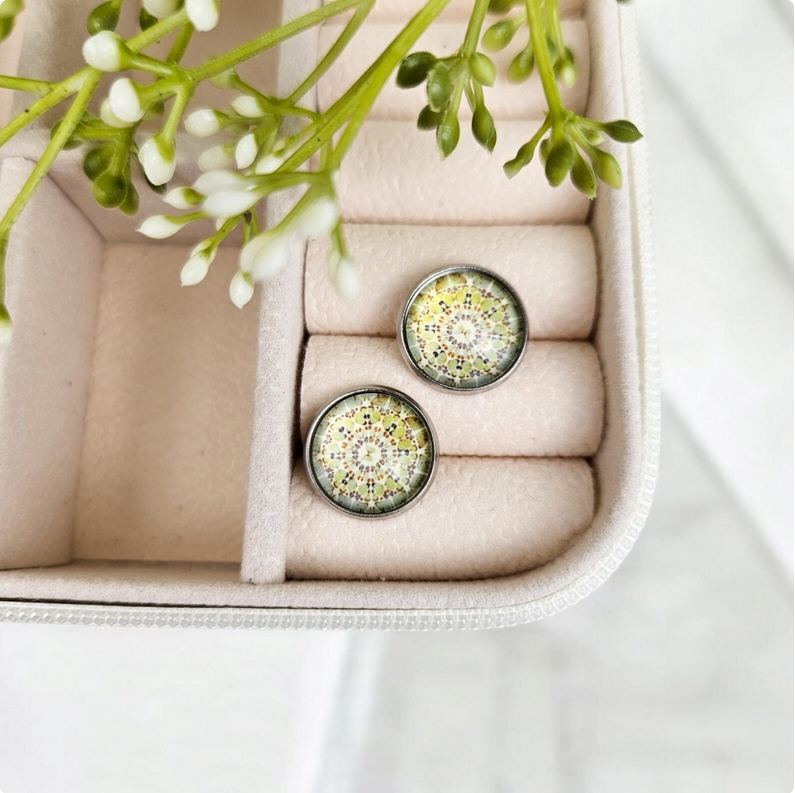 Green Mandala Mosaic Stud Earrings