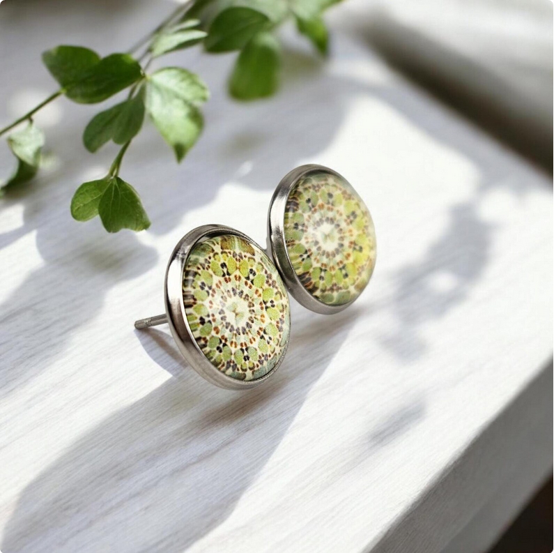Green Mandala Mosaic Stud Earrings