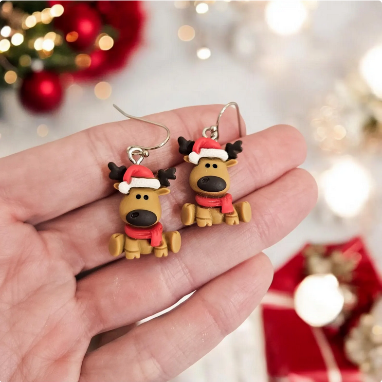 Festive Moose Clay Dangle Drop Earrings