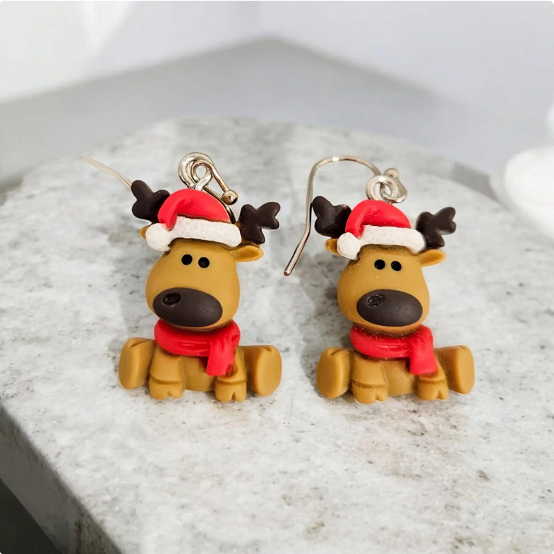 Festive Moose Clay Dangle Drop Earrings