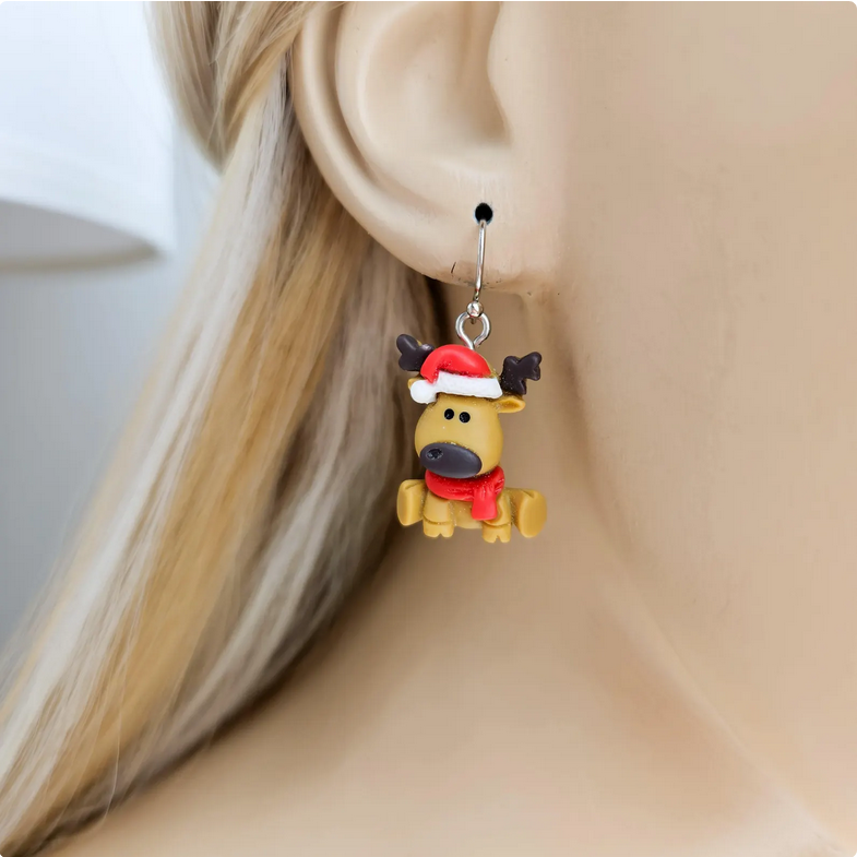 Festive Moose Clay Dangle Drop Earrings
