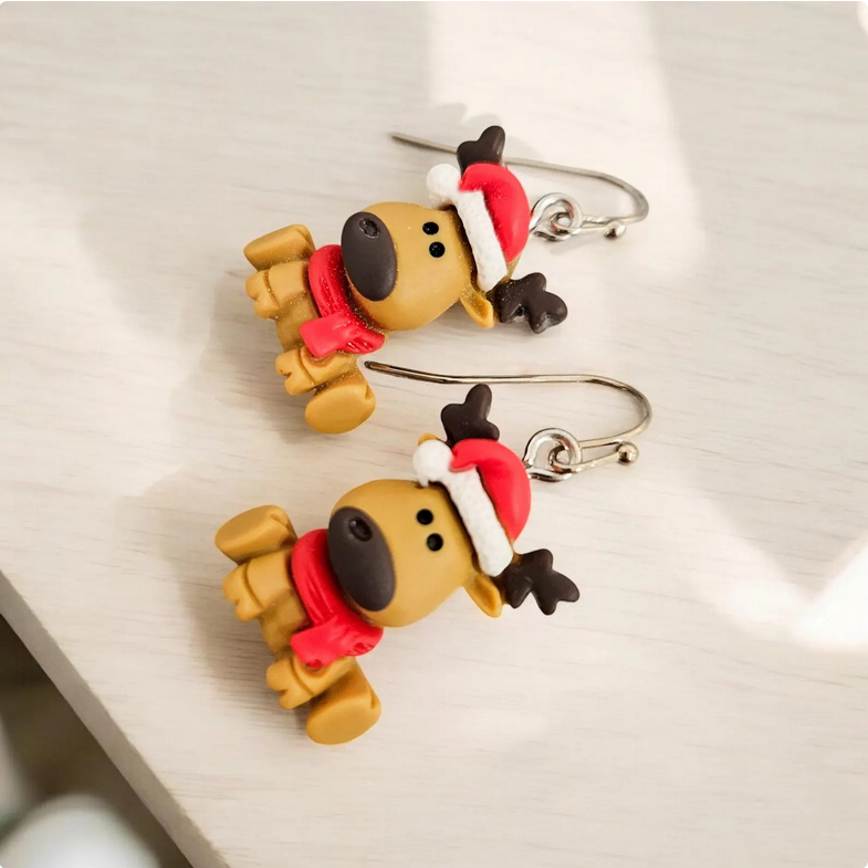 Festive Moose Clay Dangle Drop Earrings