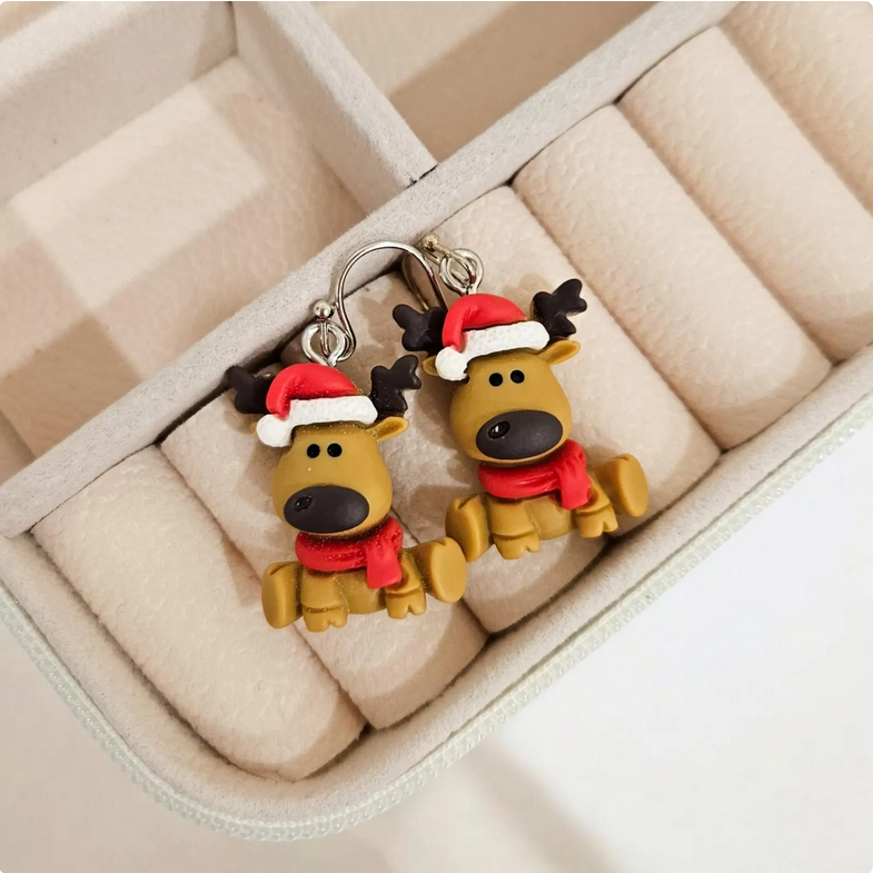 Festive Moose Clay Dangle Drop Earrings