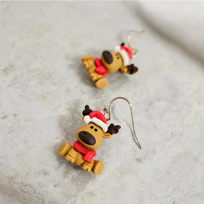 Festive Moose Clay Dangle Drop Earrings