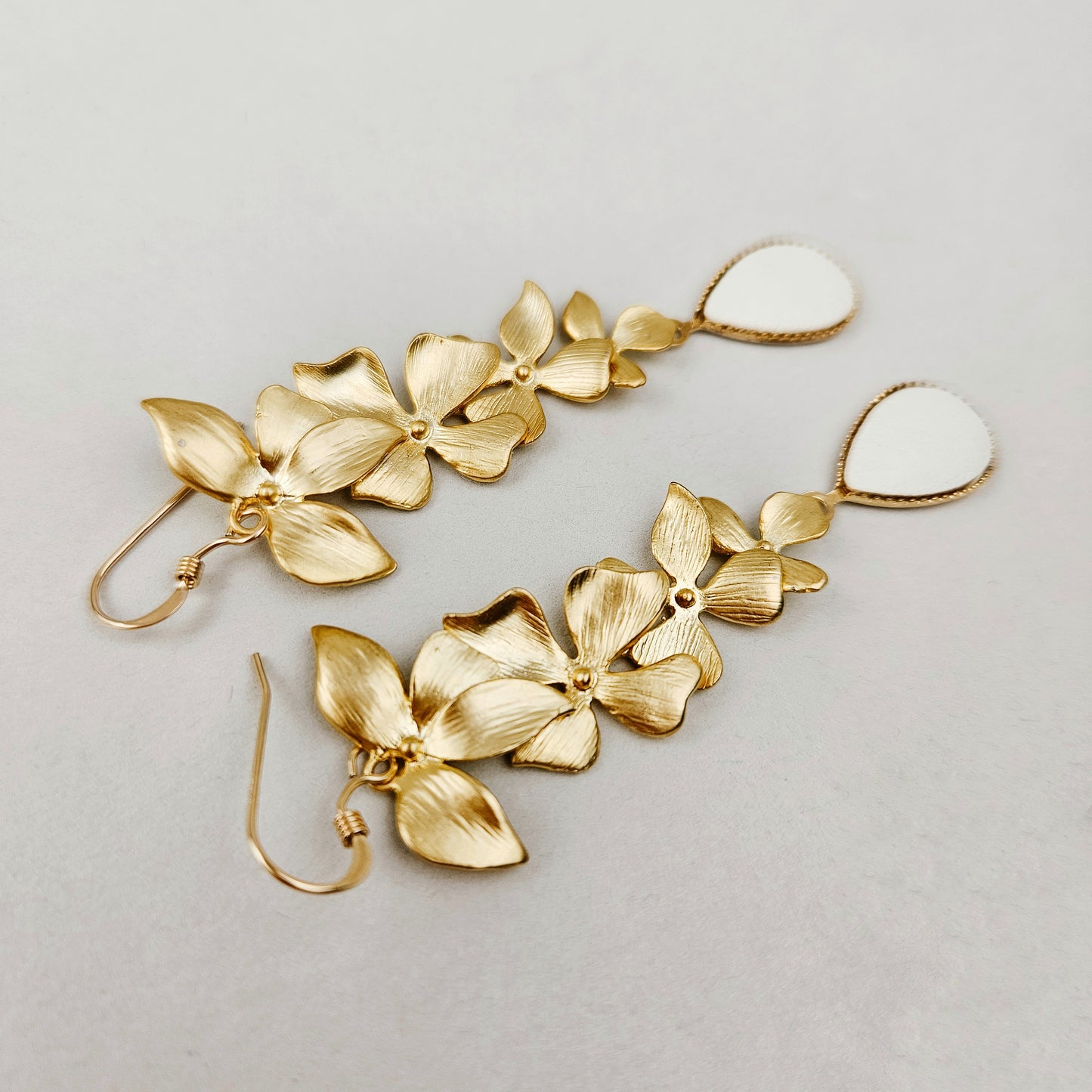 Long Gold Floral Orchid Earrings