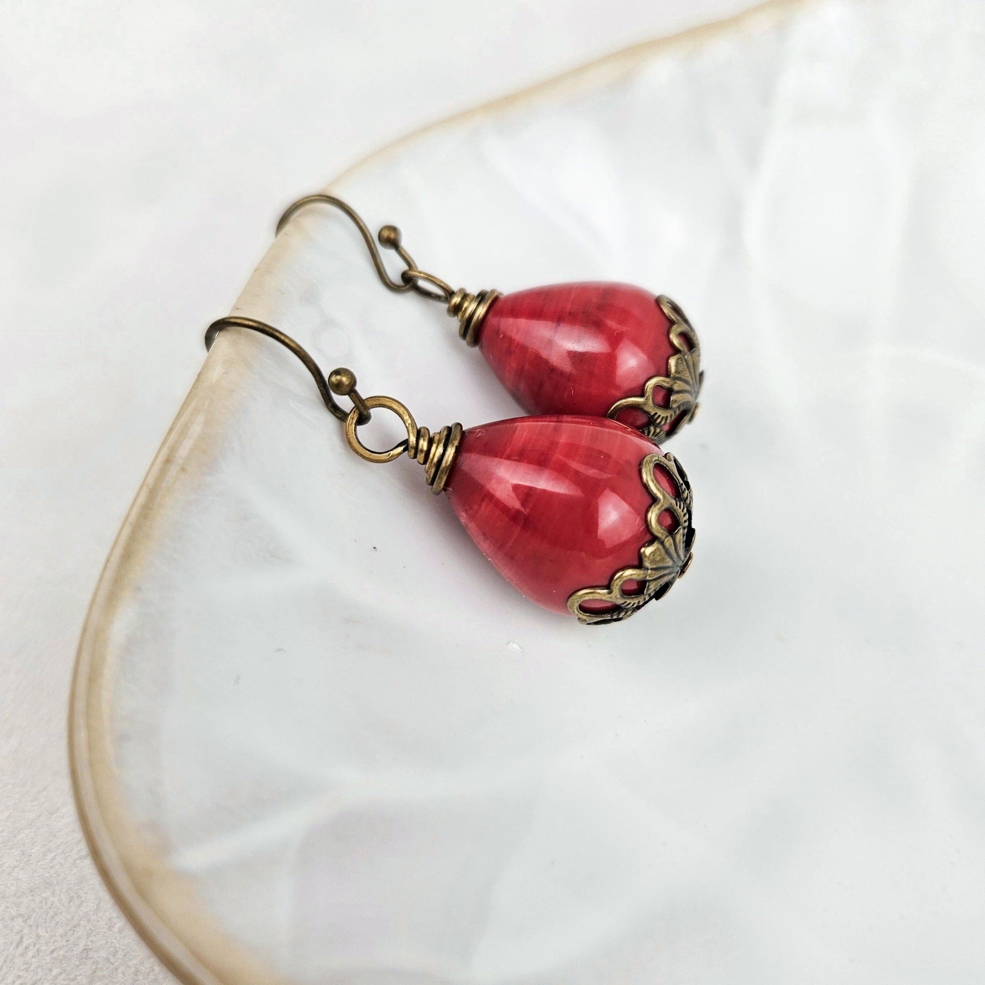 Unique Handmade Earrings Nostalgic Jewelry Elegant Earrings Casual Wear Accessories Dressy Occasion Jewelry Antique Inspired Earrings Versatile Accessories Red Teardrop Lucite Beads Brass Filigree