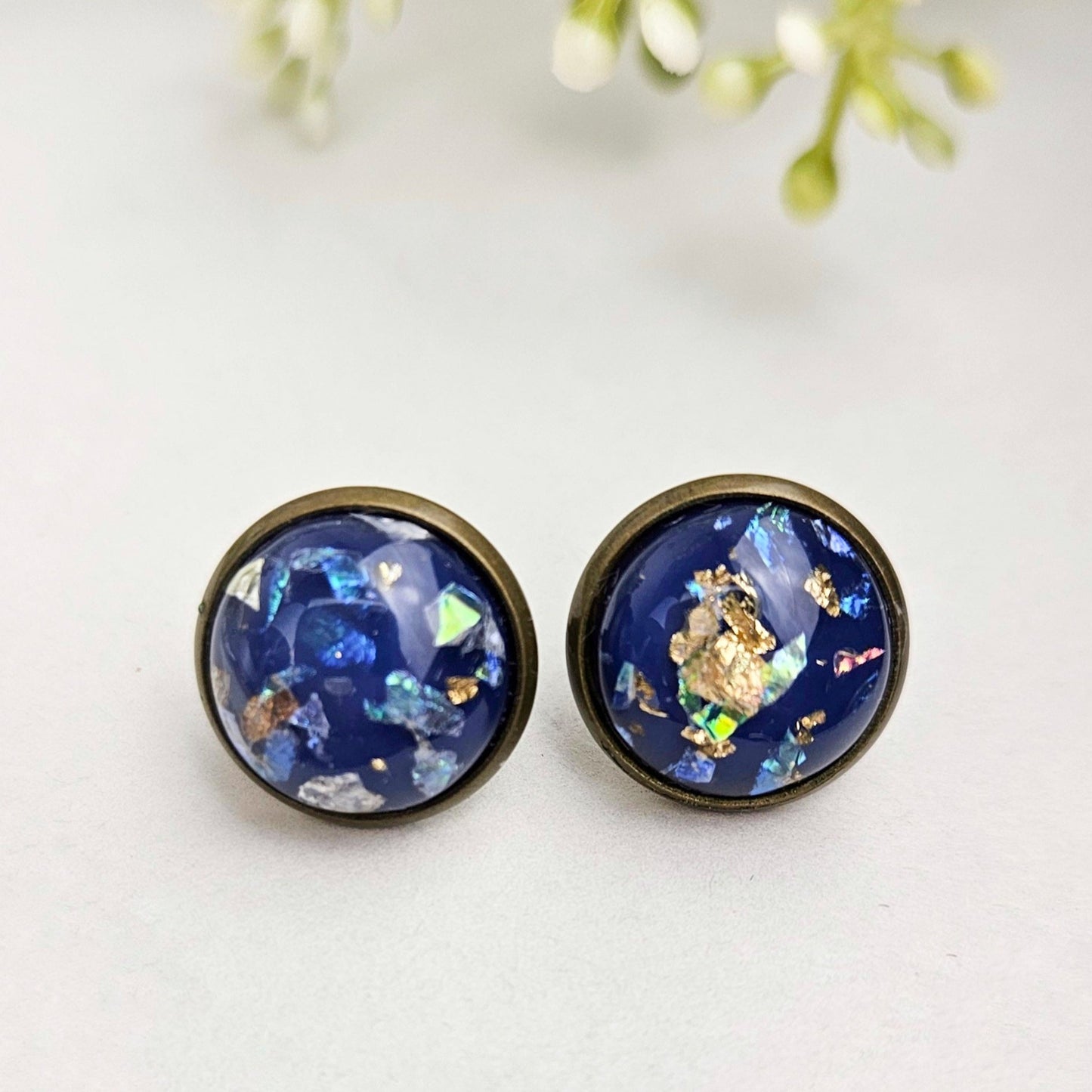 Blue Glitter Bronze Stud Earrings