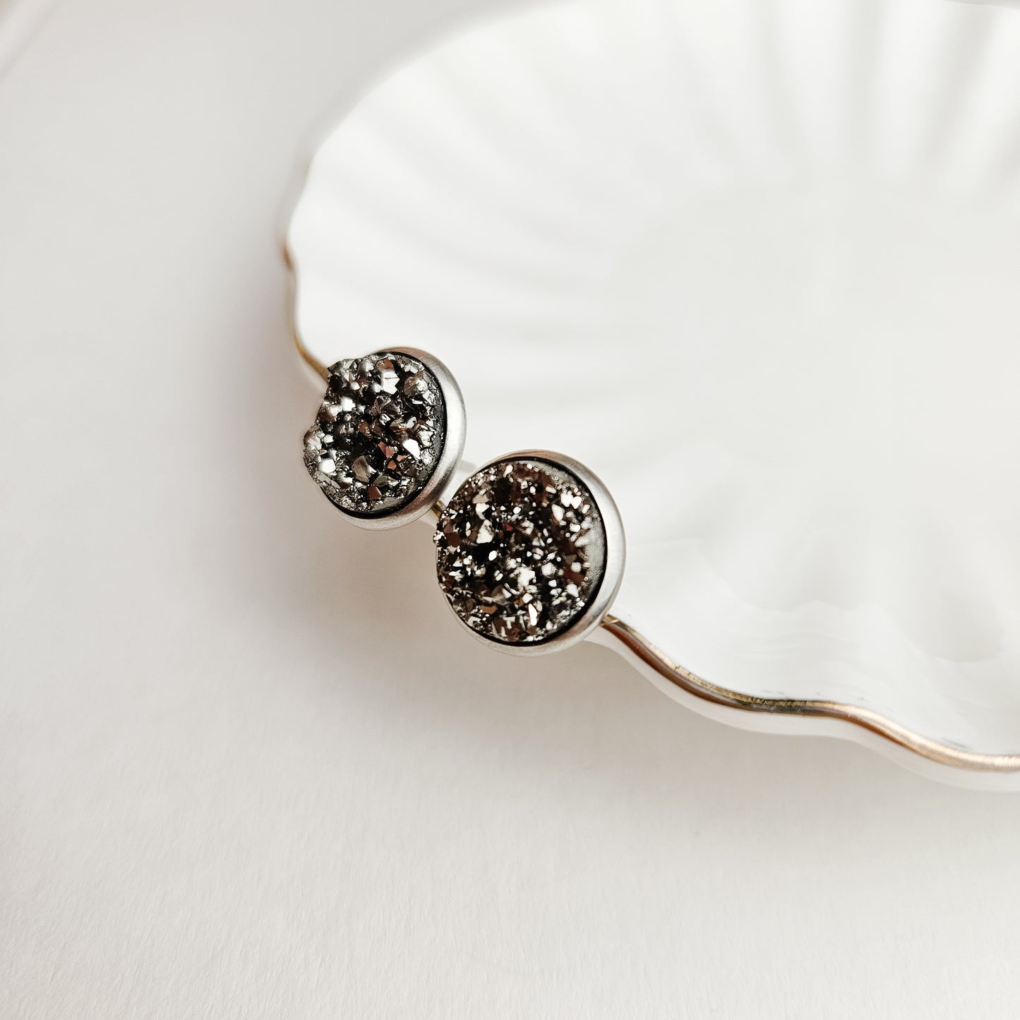 Silver Crushed Druzy Stud Earrings