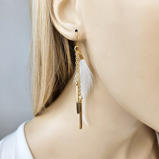 Gold Bar White Feather Dangle Earrings