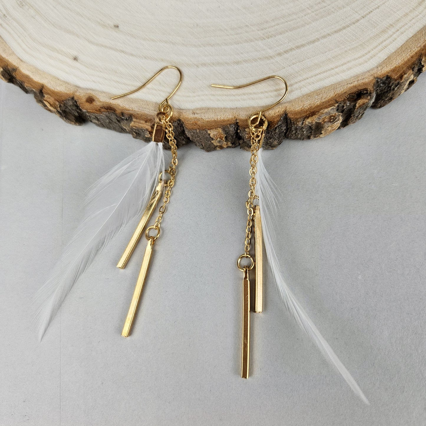 Gold Bar White Feather Dangle Earrings
