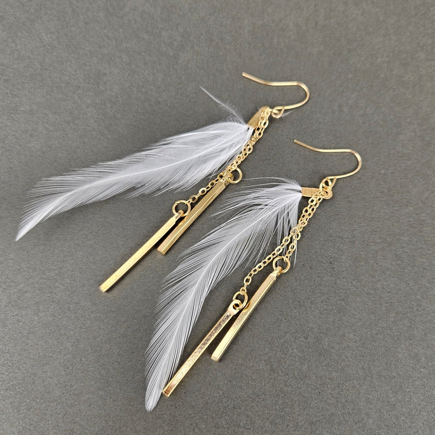 Gold Bar White Feather Dangle Earrings