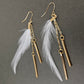 Gold Bar White Feather Dangle Earrings