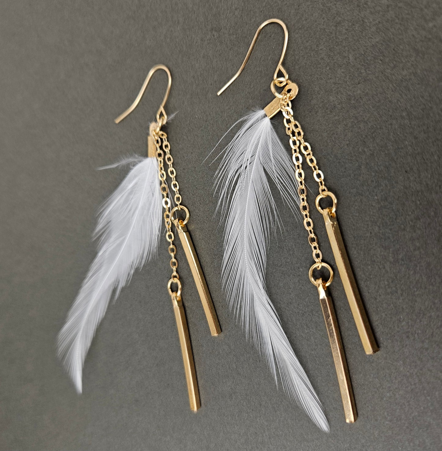 Gold Bar White Feather Dangle Earrings