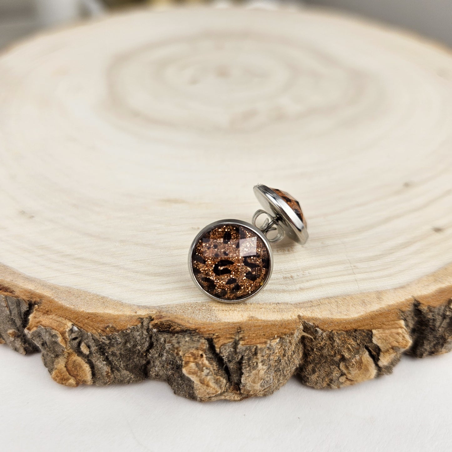 Leopard Print Silver Stud Earrings