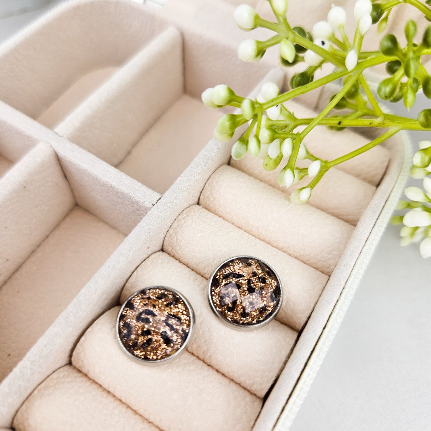 Leopard Print Silver Stud Earrings