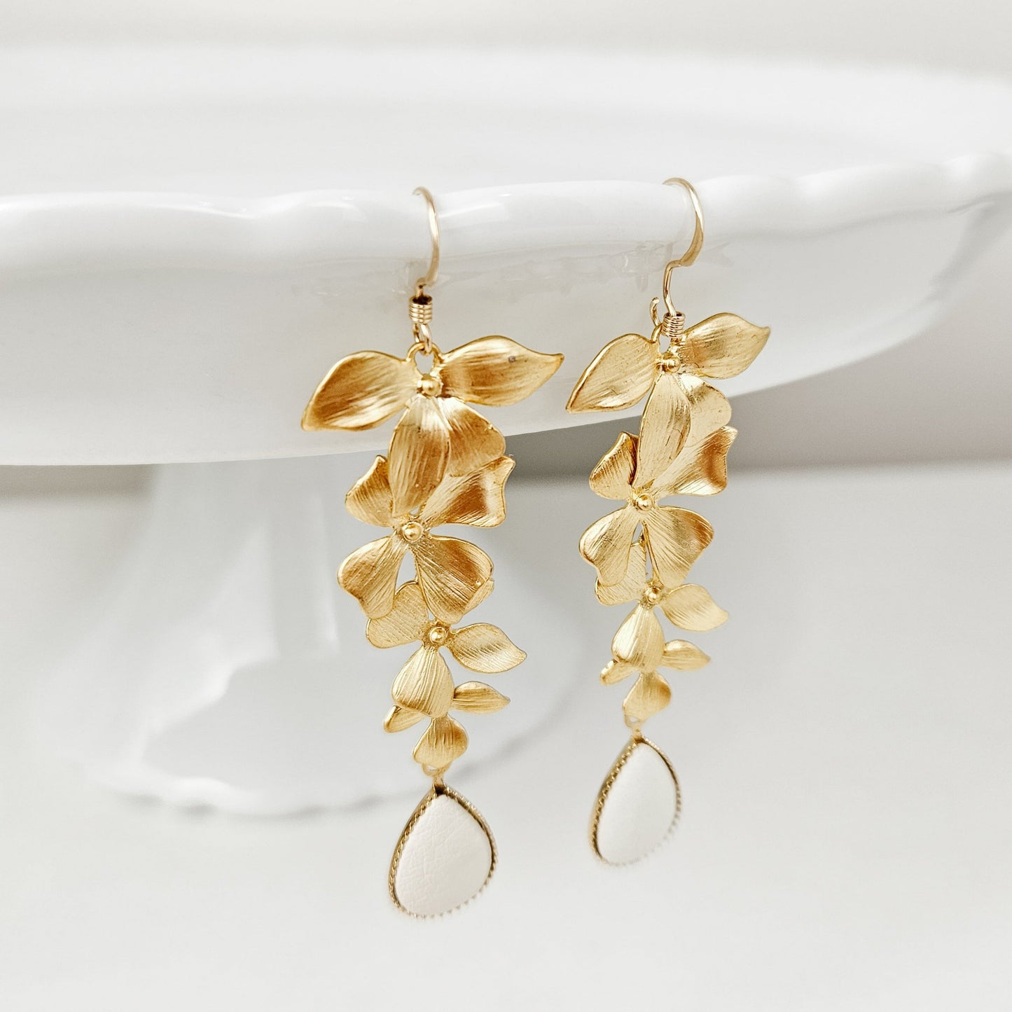 Long Gold Floral Orchid Earrings
