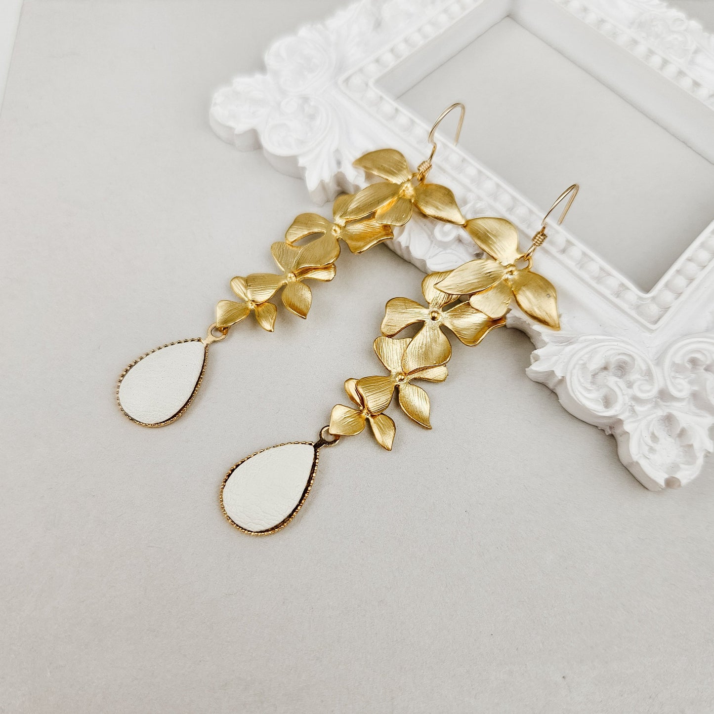 Long Gold Floral Orchid Earrings