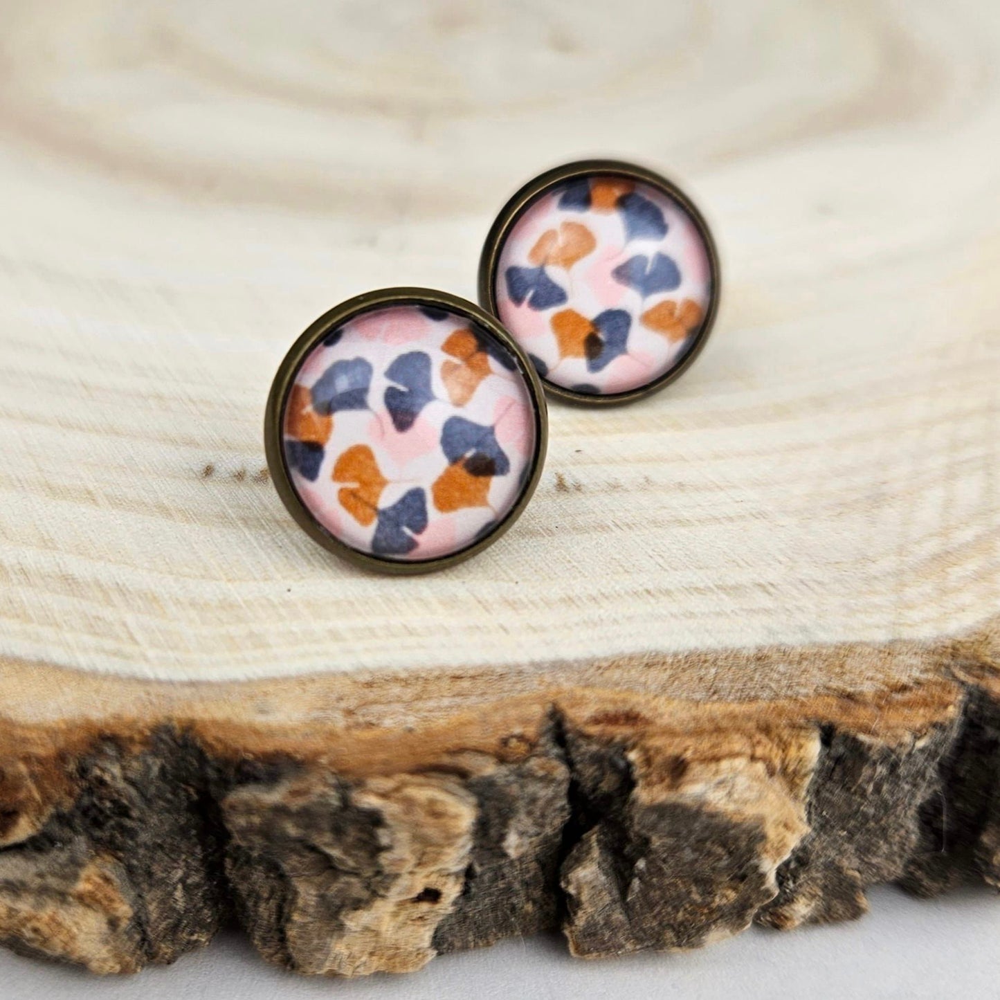 monstera and ginkgo leaf bronze stud glass earrings