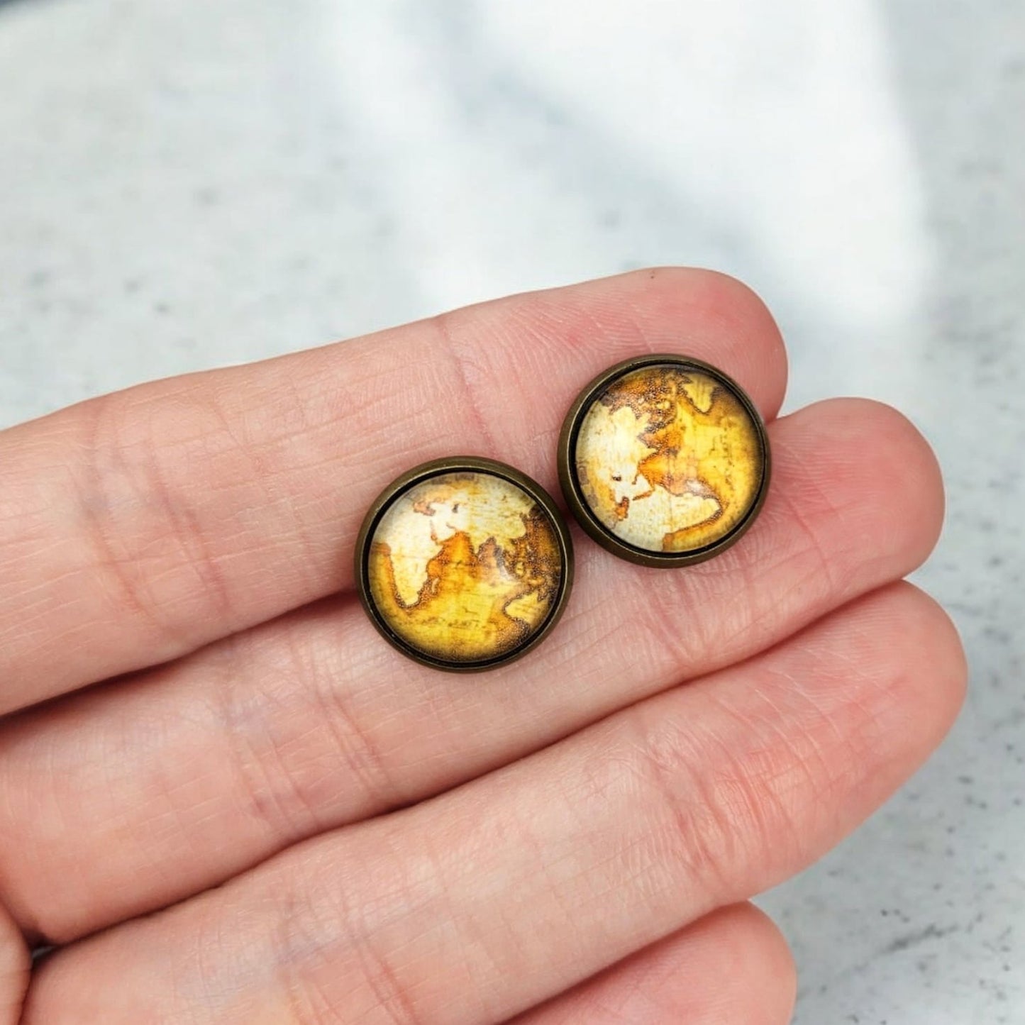 Antique Bronze Atlas Map Stud Earrings
