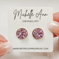 A pair of round 12mm purple faux druzy stud earrings with gold trim, displayed on a white Michelle Ann Jewelry card.