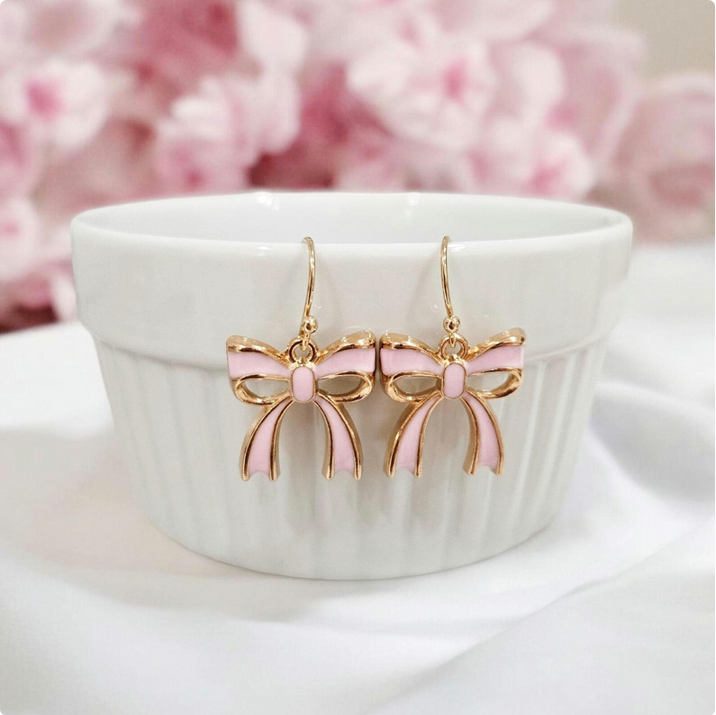 Gold & Pink Bow Charm Earrings
