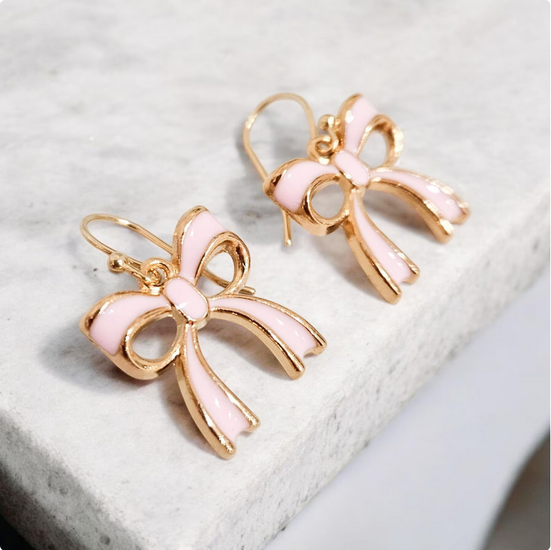 Gold & Pink Bow Charm Earrings