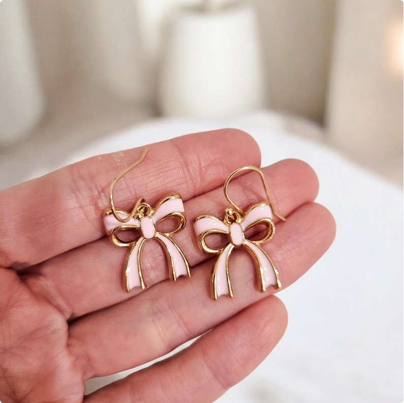 Gold & Pink Bow Charm Earrings