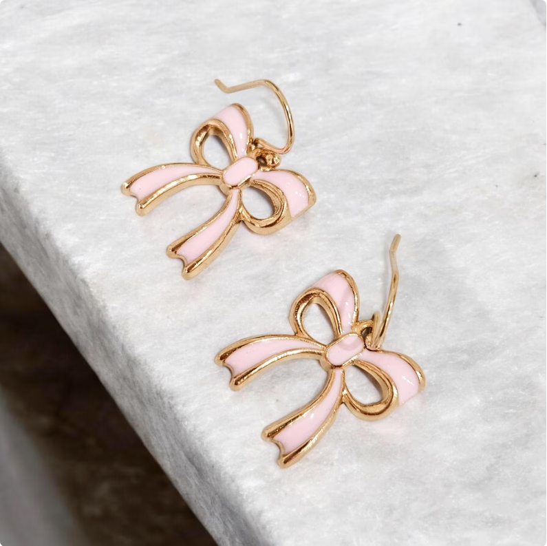 Gold & Pink Bow Charm Earrings