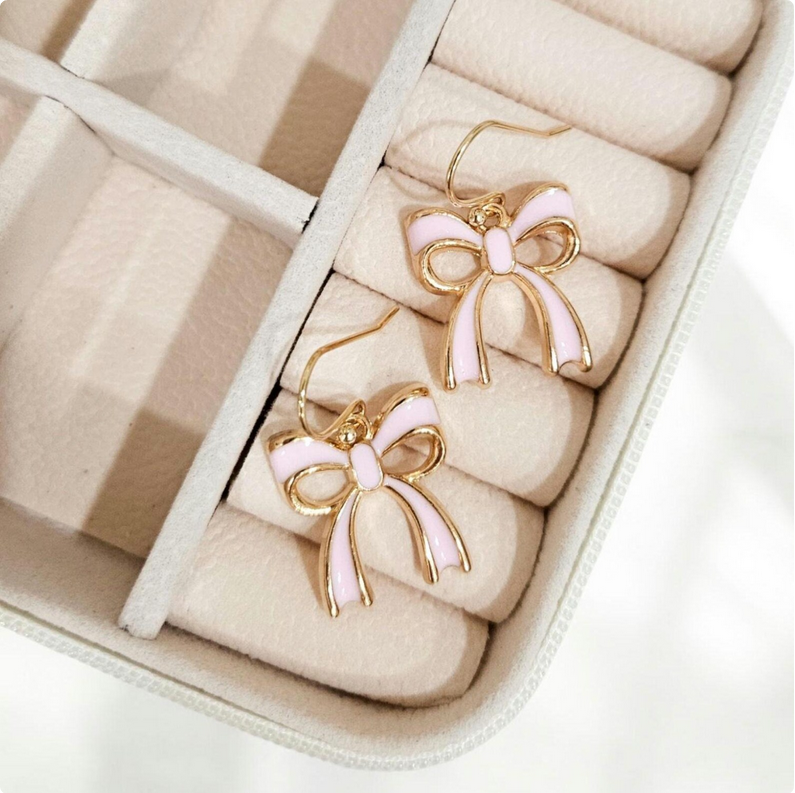 Gold & Pink Bow Charm Earrings