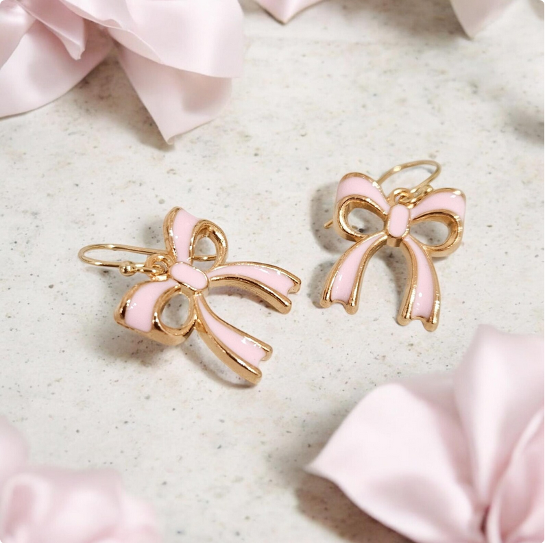 Gold & Pink Bow Charm Earrings