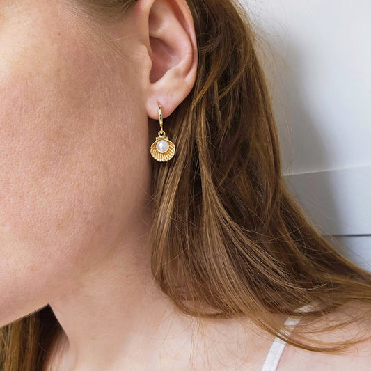 Gold Seashell Pearl Huggie Earrings