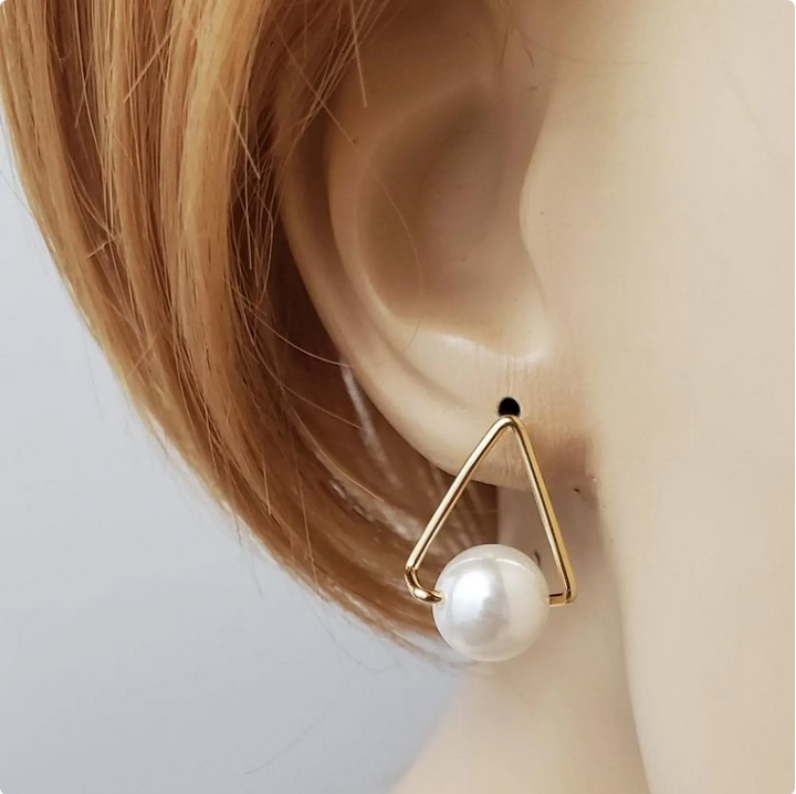 Gold Triangle Stud Earrings with Pearl