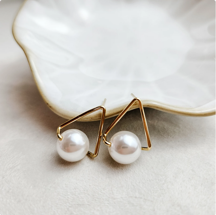 Gold Triangle Stud Earrings with Pearl