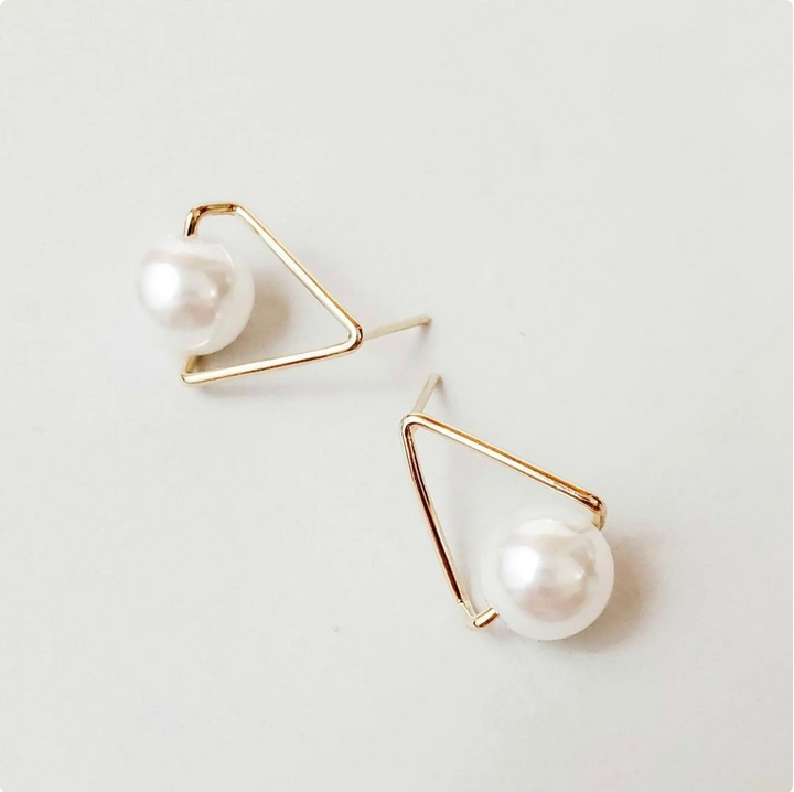 Gold Triangle Stud Earrings with Pearl