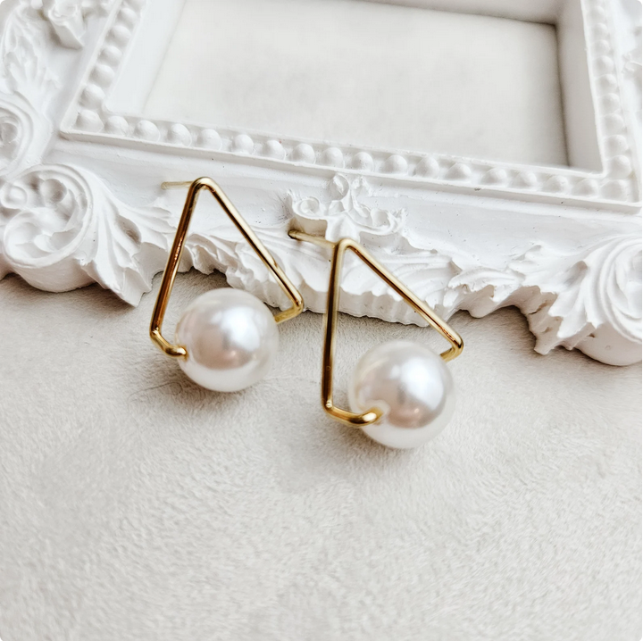 Gold Triangle Stud Earrings with Pearl