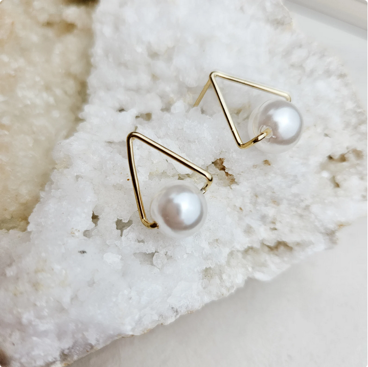 Gold Triangle Stud Earrings with Pearl