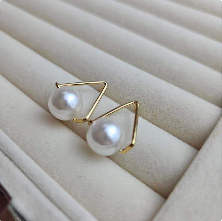 Gold Triangle Stud Earrings with Pearl