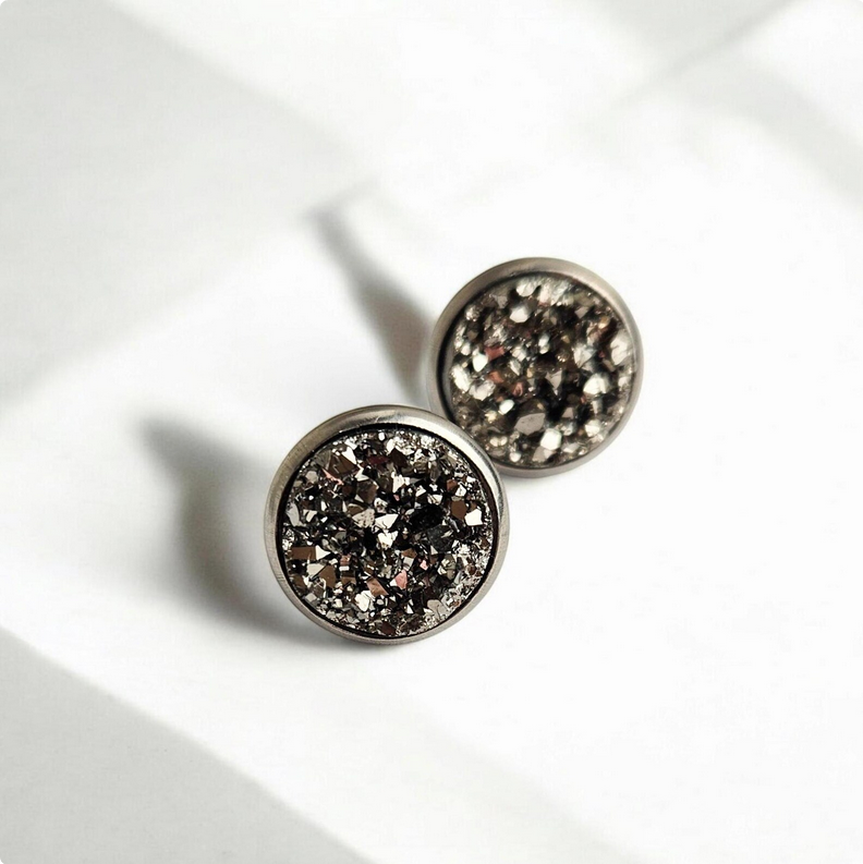 Silver Crushed Druzy Stud Earrings