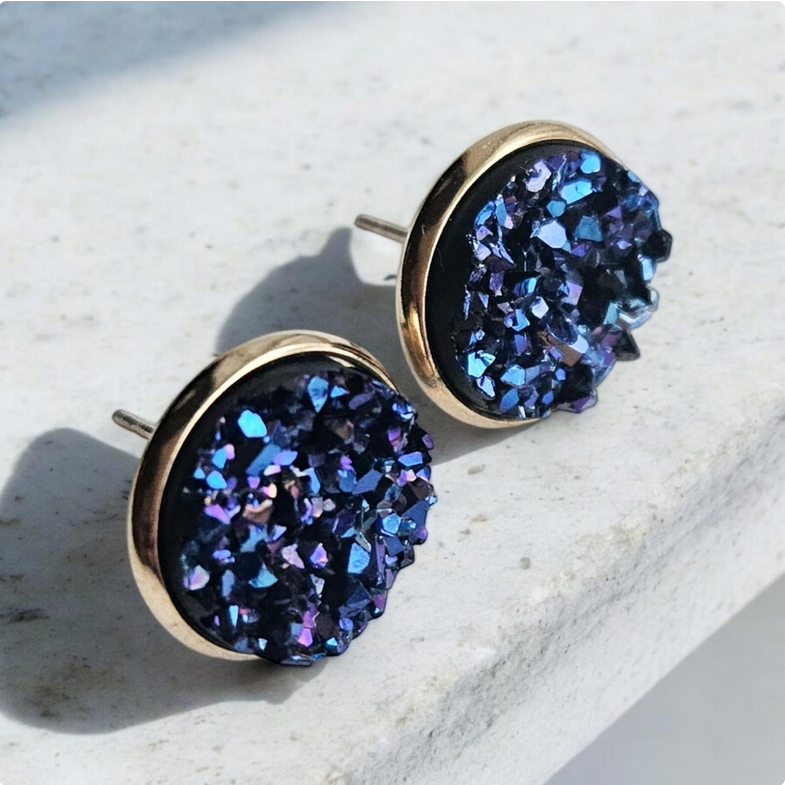 Blue & Purple Crushed Druzy Stud Earrings