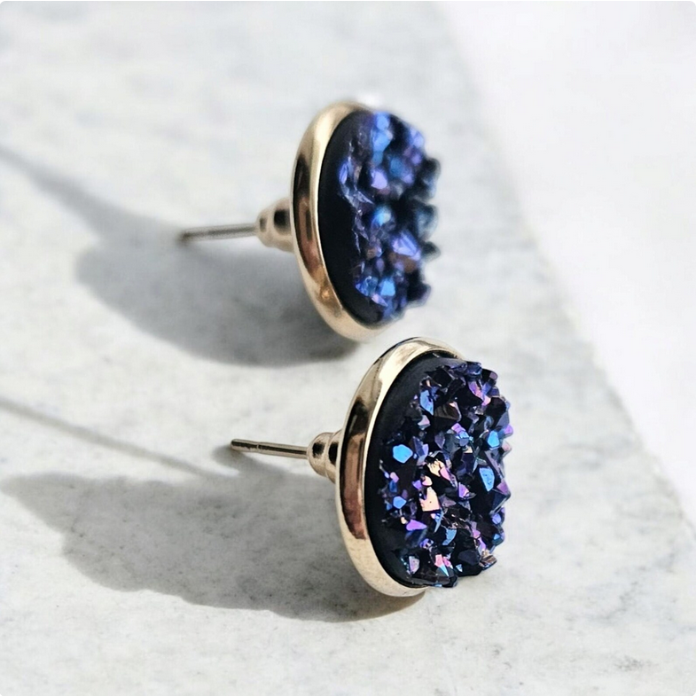 Blue & Purple Crushed Druzy Stud Earrings